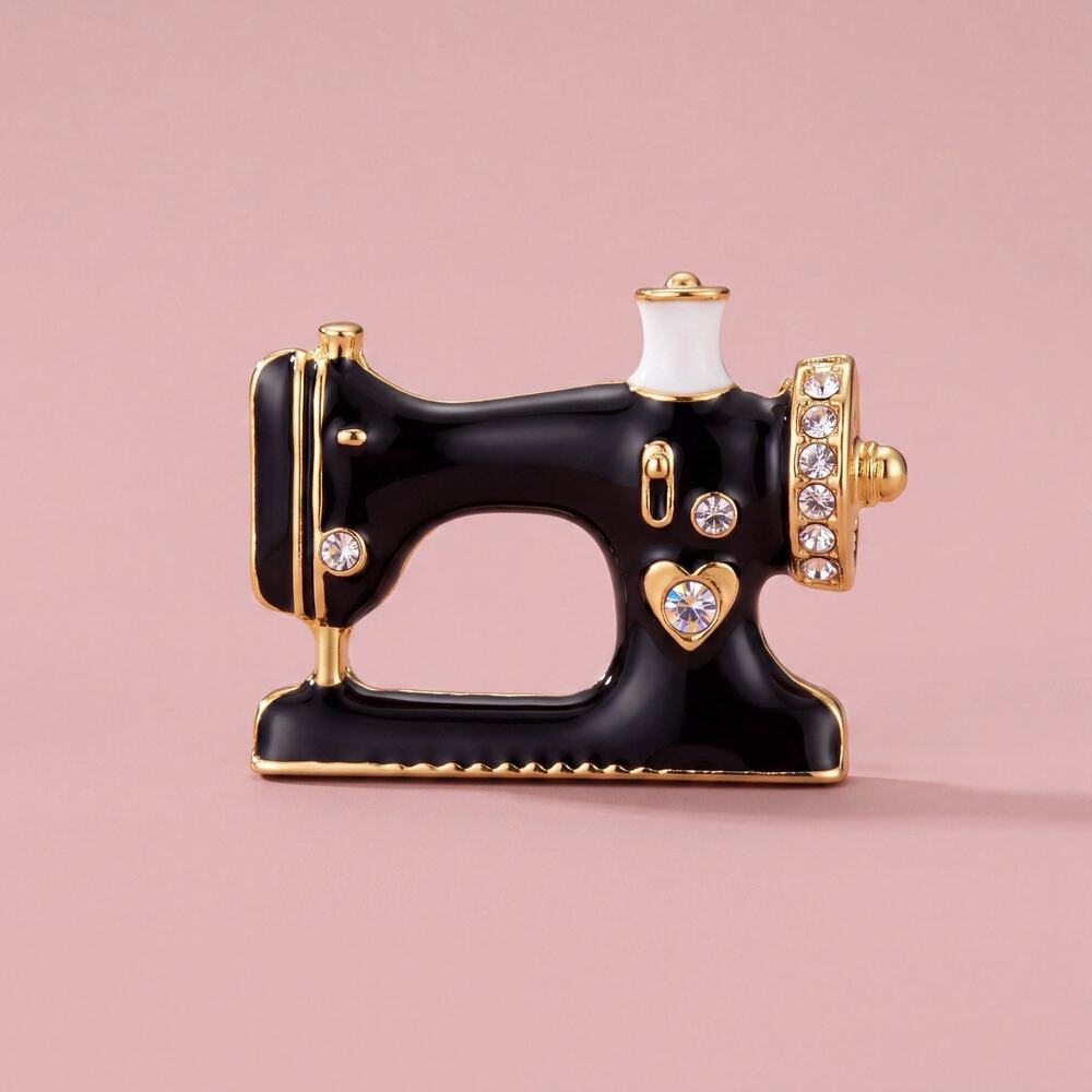 Vintage Black Gold Sewing Machine Brooch Rhinestone Enamel Craft Quilter Pin